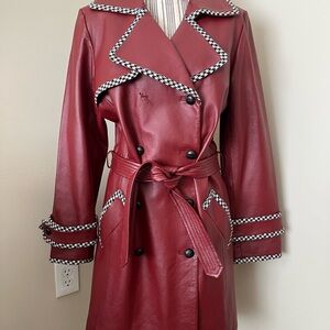 Spiegel Red Leather Trench Coat with Black and White Houndstooth Trim